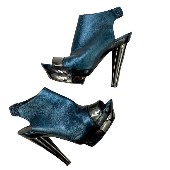 Devi Kroell Blue Silver Metallic Leather Peep Toe Platform Booties 37 / 7 - Picture 4 of 12